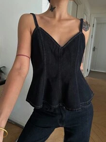 DAZY 女士夏季休闲水洗牛仔吊带背心 - 藍色 - 查看 3