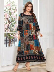 Lacomfia 休闲佩斯利印花圆领 3/4 袖宽松常规春夏大码连衣裙 - 彩色 - 查看 5