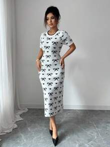 SHEIN Raffinéa 女士时尚圆领短袖蝴蝶针织连衣裙 - 黑與白 - 查看 4