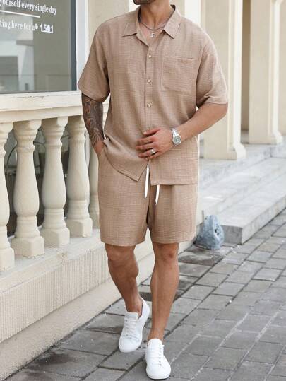 Manfinity Homme Plus Size Men Solid Color Short Sleeve Pocket Shirt And Shorts Casual Suit