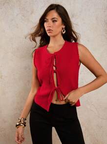 COSMINA Women's Casual Solid Color Knitted Vest With Tie - Red - View 3