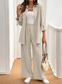 SHEIN Frenchy 2件套休闲通勤纯色衬衫和裤子 - 杏色 - 查看 3