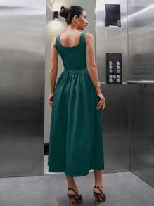 EURMUSE 女式超宽裙紧身胸衣细节长款黑色裙子 - 墨綠色 - 查看 2