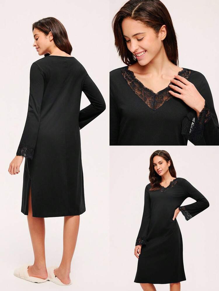 Soft Black Airy 100% Pure Cotton V-Neck Lace Elegance Trim Long Sleeve Nightgown Slip Dress Lingerie Lace Elegance Cozy Pajamas& Pyjamadressing Cotton Pajamas Summer Dresses For Women