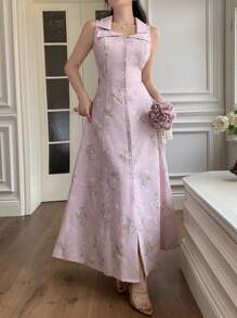 Modelyn 女士时尚浪漫花卉印花长裙 - 粉色 - 查看 4