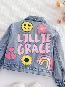 Young Girl Y2K Casual Street Chic Cartoon & Letter Print Distressed Denim Jacket, Suitable For Spring/Autumn ,Street Cool Style - Light Wash - View 2