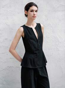 Chiquease Women's Simple Elegant Solid Color Notch Collar Ruffle Hem Sleeveless Blouse Clothes For University