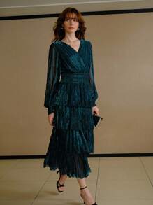 MOTF PREMIUM GLITTER SOLID SURPLICE NECK LANTERN SLEEVE SHIRRED WAIST TIERED HEM DRESS - Blue - View 6