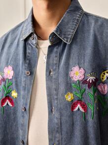 SWAVVY Men's Casual Denim Shirt With Embroidery And Button Closure - Blue - View 5