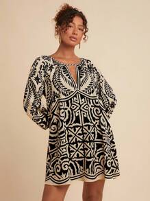 Travachic Casual Black Mini Dress With All Over Print And Bishop Sleeves Pattern Dress Graphic Dress Geometric Print Dress Print Top Printed Top - Black - View 5