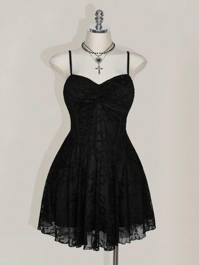 SHEIN ICON Plus Size Square Neck Ruched Lace Colorblock Slip Dress, Y2K Style Party Dress,Wedding Guest Dress Women