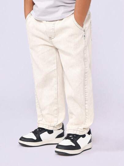 SUMWON Pantalones vaqueros de mezclilla con cintura cómoda de uso diario para niños, para la escuela y el juego, de pierna recta, de uso en las cuatro estaciones