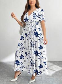 Firerie Casual Retro Blue & White Floral Print Loose Plus Size Dress, Suitable For Spring & Summer Flowy Dress Boho Suitable For Going Out Chic Dress - Blue and White - View 4