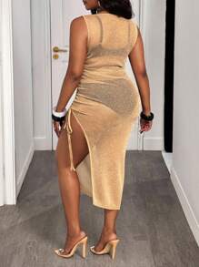 Slaydiva 2025春夏新款女装大型毕业派对/音乐节/约会/派对/CLUB/秋季/返校/开学服/Y2K/上班/办公/郊游服/机场服/街头风/朋克/颓废/都市度假修身卡其色亮丝面料圆领无袖高开叉吊带抽绳透视中长连衣裙-B