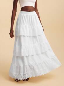 Travachic Women's White Hollow Embroidered Ruffled Hem A-Line Skirt,Summer Boho Beach Holiday Vacation,Spring,Easter,Music Festival, Date Night,Autumn - White - View 5