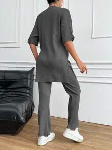 EURMUSE 2Pcs Women Summer Casual Simple Solid Ribbed Top And Pants Set - Dark Grey - View 2