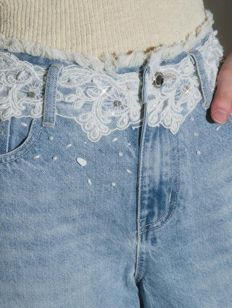 Anewsta Quần Jeans Ống Thẳng Đính Đá Ren Eo Đơn Giản Cho Nữ - Màu xanh lam - Xem 1