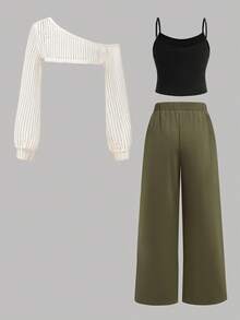 SHEIN Girlism 三件套少女休闲套装，黑色和杏色，街头风，返校季，秋冬季，包含纯色镂空提花针织吊带背心、吊带上衣、休闲装 - 彩色 - 查看 2