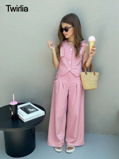 Sparklyn 女童蝴蝶结开衫背心和宽松阔腿休闲裤套装