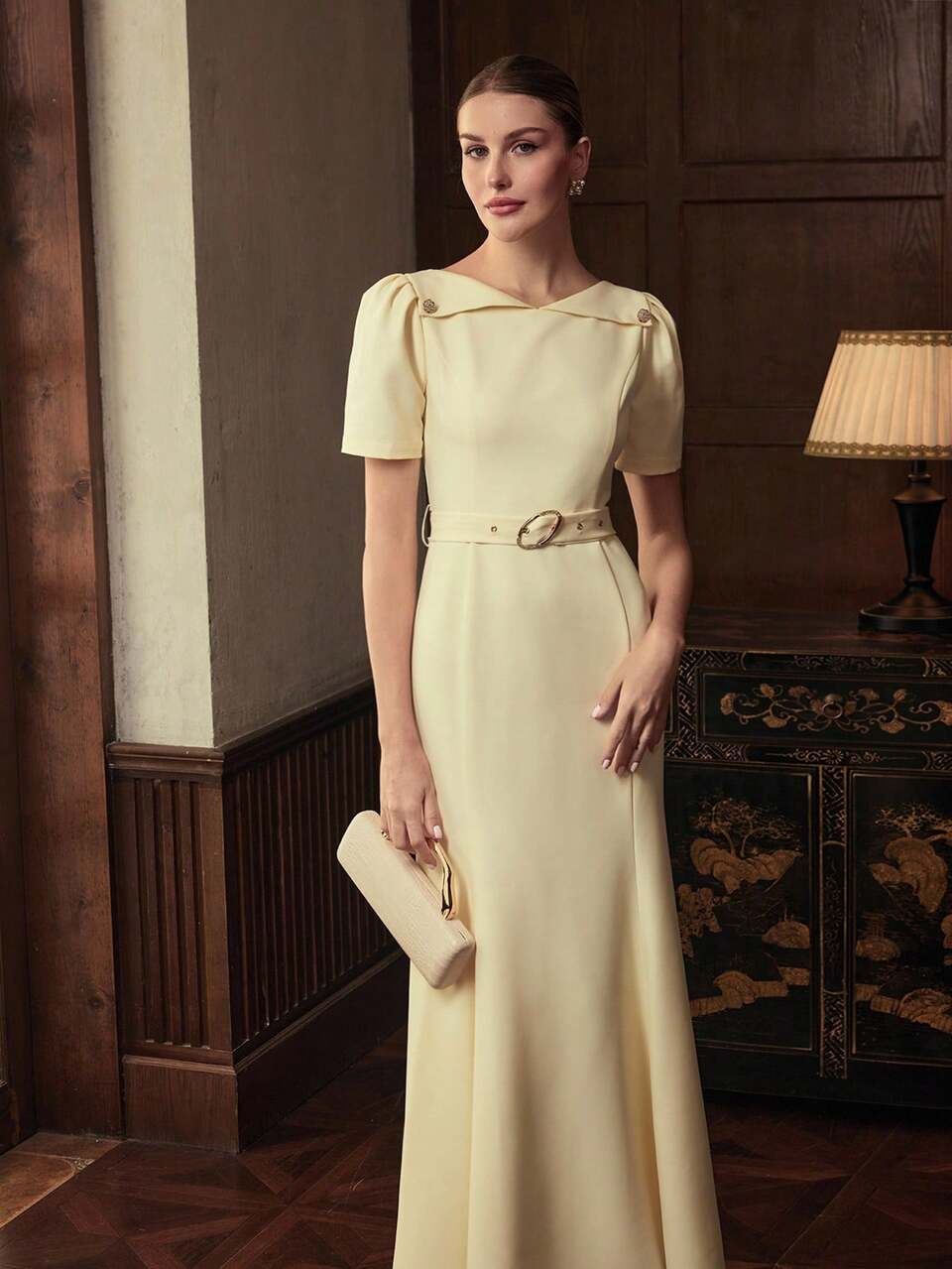 ZEYLAH Women's Solid Color Short Puff Sleeve Elegant Fish Tail Hem Fashion Dress