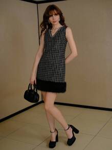 MOTF PREMIUM ROBE TWEED CONTRASTE FAUSSE FOURRURE