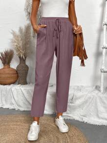 SHEIN PETITE Women's Casual Linen Feeling Long Pants, Fashion Suitable For Summer Fall Cloth For Women - Dusty Purple - View 7