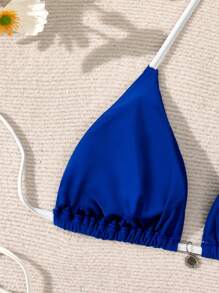 Swim Vcay 2pcs/Set Women Beach Blue & White Halter Tie-Up Sexy Bikini Swimsuit, Shell Decor, Suitable For Beach, Pool, Leisure Party & Holiday, Spring/Summer