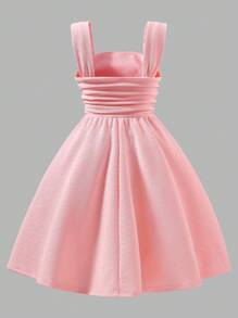 青少年女孩无袖修身中长连衣裙，百搭伴娘/婚纱，粉色纹理面料，夏季/秋季 - 粉色 - 查看 2