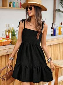 Breezaya Women's Casual Denim Ruffled Hem Strap Mini Dress For Vacation - Dark Grey - View 4