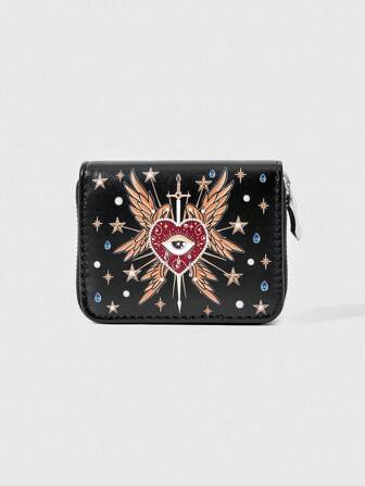 Goth 1 pièce Portefeuille/porte-monnaie court minimaliste pour femme avec impression de fermeture éclair, larme, croix, aile