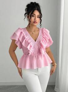 Elenzga Plus Size Elegant Pleated V-Neck Textured Blouse - Pink - View 3