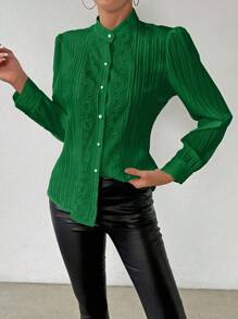 RosyDaze 女士蕾丝拼接褶皱衬衫女式衬衫，适合大学秋季穿着 - 綠色 - 查看 4
