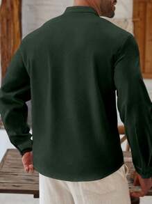 Genlund 1pc Men Plus Size Solid Color Front Button Closure Elegant Long Sleeve Shirt, Fall - Dark Green - View 2