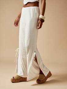MISSGUIDED Pantalones de pierna ancha de verano con ojales, cintura con lazo, pierna dividida para uso en playa y resort, pantalones palazzo para vacaciones, con lazos laterales, estilo bohemio, informal y cómodo - Blanco - Ver 1