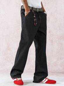 Manfinity Roghcode Vaqueros informales ceñidos y acampanados con bolsillos para hombre - Azul lavado oscuro - Ver 4