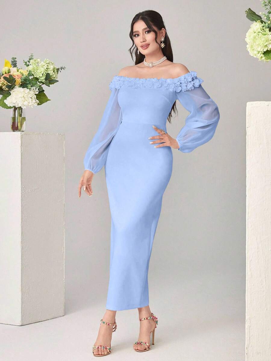 Modelyn 女士纯色 3D 花卉装饰露肩灯笼袖优雅连衣裙 - 藍色 - 查看 1