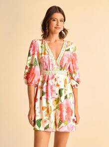 CAJUNI 花卉印花深V领蝙蝠袖女式连体衣-乡村演唱会服装-Hoco Dressses-女士基本款/外出上衣/秋季女装 - 彩色 - 查看 3