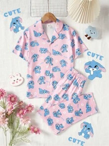 Tween Girl' Stylish Print V-Neck Fireproof Fabric Sweet Pink & Blue Graphic Short Sleeve Top & Pants Home Outfit Cute Pj Sets Young Girl Summer Outfits