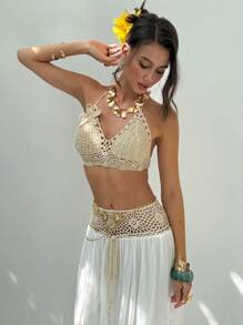 Women's 2-Piece Set: Sleeveless Knit Top With 3D Flowers + Halter Crochet Chiffon Skirt, Tropical Bohemian Design, Ideal For Summer, Beach, Vacation, Autumn And Winter - 貝斯 - 查看 6