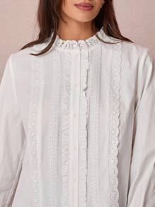 Fall/Winter Romantic Women's White Lace Stitching Front Button Collar Elegant Office Long Sleeve Shirt, Casual & Comfortable For Birthday & Holiday Party & Sweet Date & Daily Commuting & Vacation,Fall Versatile,Fall Shirt For Women,Autumn Clothes - White - View 7
