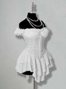 SHEIN ICON 女式白色褶皱提花褶饰腰部面板荷叶边露肩多层荷叶边下摆 A 字形雪纺迷你连衣裙，优雅适合派对和年轻女孩 - 白色 - 查看 8