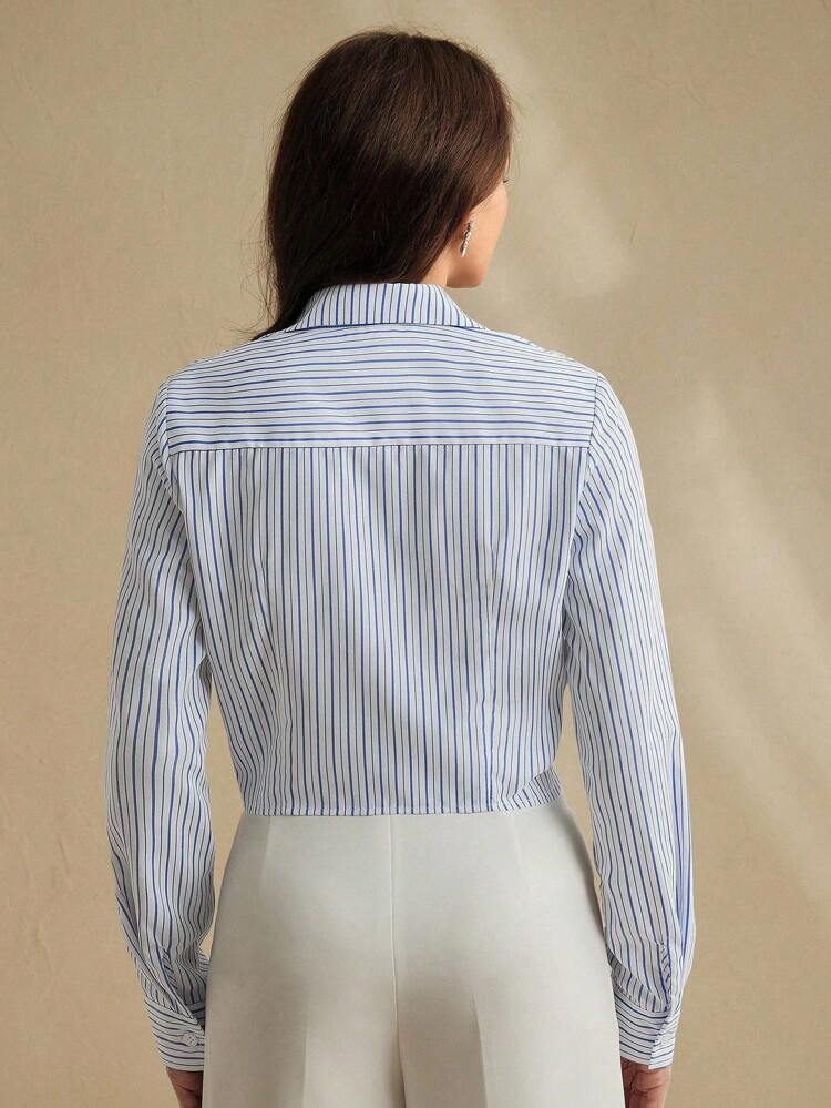 Women's 3D Bead Embroidered Floral Collar Navy Blue And White Striped Ribbon-Tie Long Sleeve Blouse