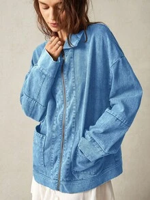 Bohemela Áo khoác nữ tay dài cổ bẻ có túi - Màu xanh lam - Xem 4