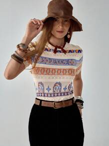 Florisole 波西米亚风格不对称佩斯利提花针织短袖衬衫针织套头衫秋冬