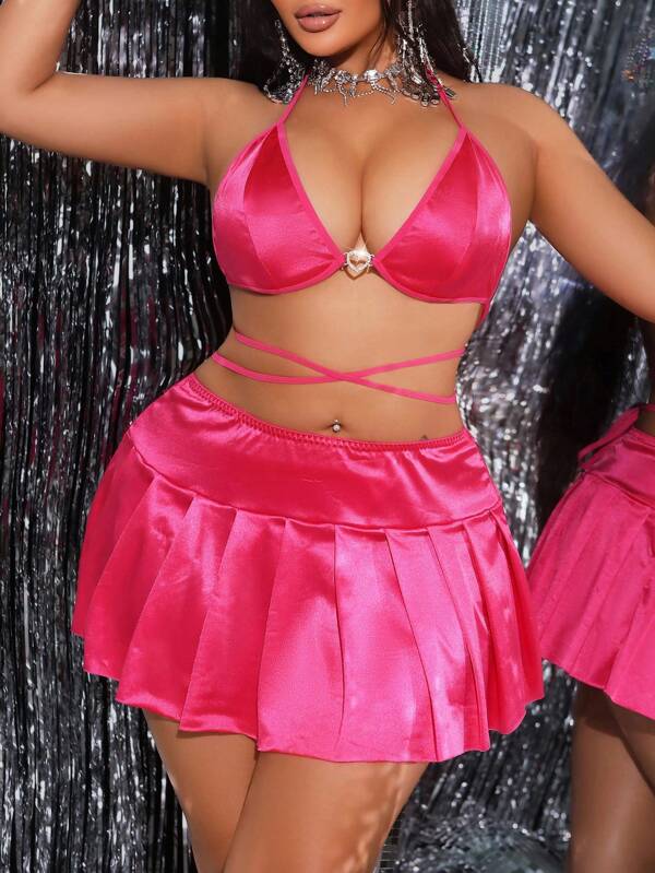 MidnightGlam 1 set lenjerie intimă sexy cu suspensor, mărime plus, colorat, top scurt, cu șiret, tanga, fustă mini plisată, set 3 piese
