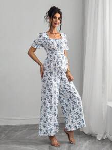 Momance 孕妇装褶皱袖褶胸前系带蝴蝶结镂空后背阔腿印花连体裤 - 藍白色 - 查看 3