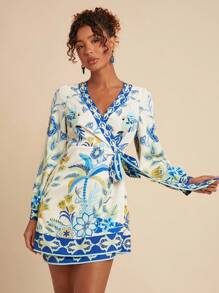 Travachic Vestido corto de manga larga con estampado de palmeras y cierre delantero de lazo, estilo de vacaciones para mujer - Azul - Ver 6