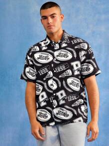 PEPSI X SHEIN 男式字母和美式足球图案前扣短袖衬衫 - 黑色 - 查看 5