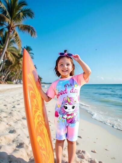 2025 新款年轻女孩连体泳衣，粉色休闲独角兽和美人鱼印花拉链开合，优雅可爱的设计，适合游泳、度假、海滩、泳池、拍照、礼物