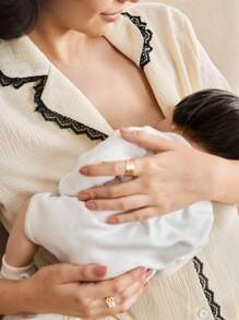 Moonlight&Mama Color-Blocked Lace Trim Lapel Maternity Sleep Dress, Button Front Pajama Dress - Apricot - View 5